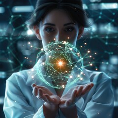 Leinwandbilder - A scientific women with white coat holding the futuristic digital seed in her hands. The futuristic digital seed looks like interconnected spheric molecules of copper color.
