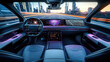© visoot - Electric Vehicle, interior of a moving electric vehicle, highlighting the advanced technology of electric vehicles through a touch screen, a camera display on the dashboard, and holographic controls.
