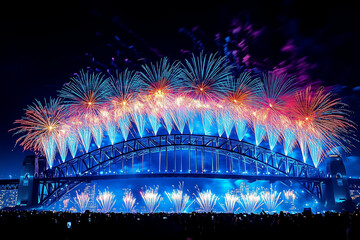 telephoto shot capturing a sequence of fireworks exploding over the bridge