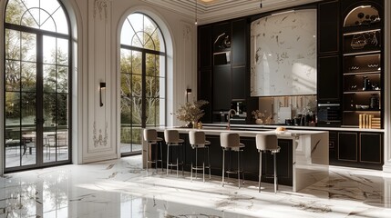 Poster - The kitchen in an elegant modern mansion with black cabinets, white walls and marble floors, tall windows, large space, bar counter and island.