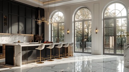 Poster - The kitchen in an elegant modern mansion with black cabinets, white walls and marble floors, tall windows, large space, bar counter and island.