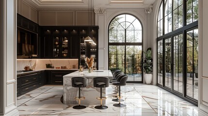 Poster - The kitchen in an elegant modern mansion with black cabinets, white walls and marble floors, tall windows, large space, bar counter and island.