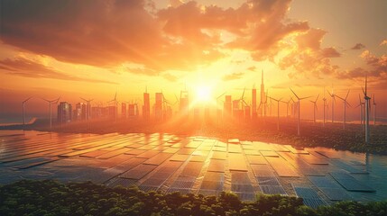 Aufkleber - Solar farms, offshore wind turbines, and a high-tech city powered by renewable energy.