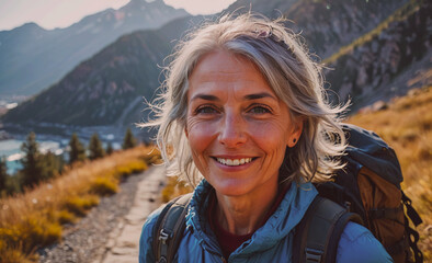 Wall Mural - A woman with a backpack and a smile on her face. She is wearing a blue jacket and has a grey hairdo