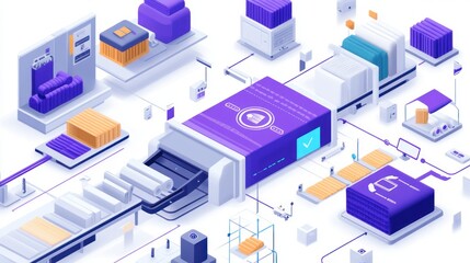 Wall Mural - isometric illustration of a factory automation process with conveyor belts, robots, and a control pa