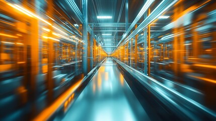 Fototapete - Futuristic Data Center Corridor with Bright Neon Lights : Generative AI