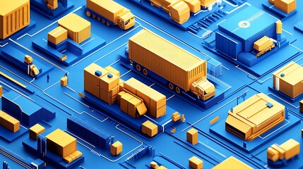 Aufkleber - Futuristic 3D Model of Logistics System with Orange Trucks on Blue Roads : Generative AI