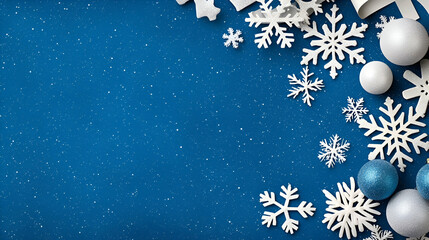 Sticker - A festive blue background adorned with white snowflakes and decorative spheres, perfect for winter or holiday-themed designs.