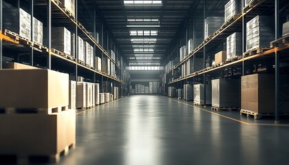 Aufkleber - Efficient Warehouse Interior with Stacked High Shelves and Cardboard Boxes : Generative AI