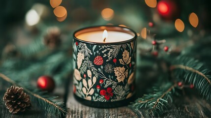 Canvas Print - Lit candle with festive design amidst pine, berries, and bokeh lights.