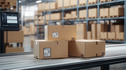 Aufkleber - Cardboard Packages Positioned on Conveyor in High-Tech Distribution Center : Generative AI