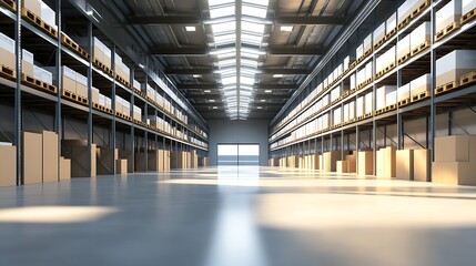 Aufkleber - Large Industrial Warehouse Interior with Shelves and Natural Sunlight through Roof Windows : Generative AI