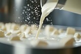 Pouring fresh milk into a container with small pieces of cheese on the surface during cheese making process at a dairy facility