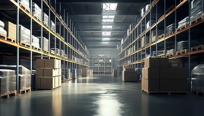 Aufkleber - Modern Warehouse Facility with High Shelving and Well-Ordered Inventory : Generative AI