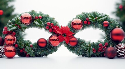 seamless of   two christmas wreaths like infinity symbol with red and green decoration, infinity symbol shape , isolated on white background,  , copy space, copy space for text,