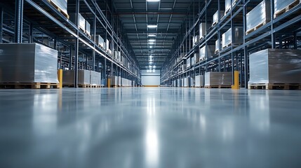 Aufkleber - Spacious Modern Warehouse Interior with Palletized Goods and Industrial Shelving : Generative AI