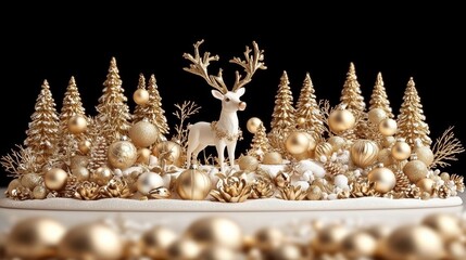 Reindeer figurine surrounded by golden decorations during the holidays , isolated on white background,  , copy space, copy space for text,