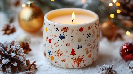 Canvas Print - Festive candle with winter design, burning brightly among ornaments and pine cones.