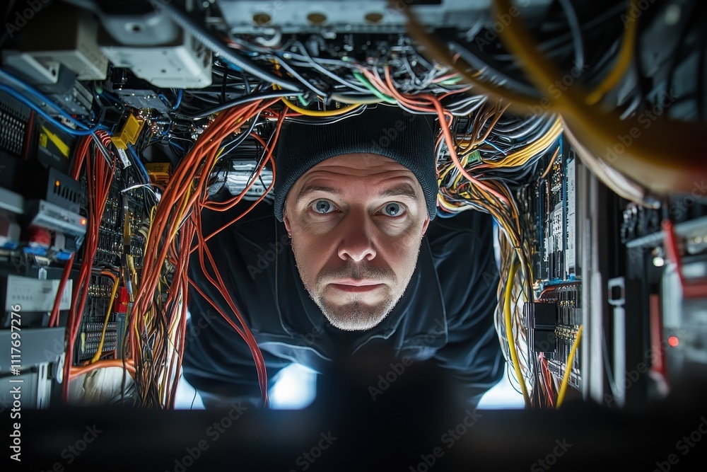 Server Computer Repair Rack Man inspecting complex wiring inside server rack. Illustrates IT ...