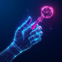 Wall Mural - A futuristic, holographic hand is prominently displayed, holding a stylized key with a circular handle. The hand is composed of a network of glowing blue and pink lines.