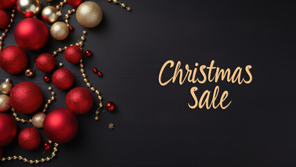 Wall Mural - christmas sale banner with baubles decorated on dark background.