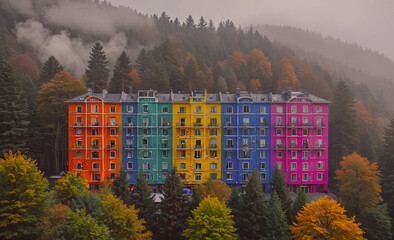 Poster - A colorful building with a rainbow of colors. The building is surrounded by trees and the sky is cloudy