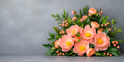 Poster - A beautiful arrangement of soft peach flowers with green foliage, set against a neutral gray background, creating a serene and elegant floral display.