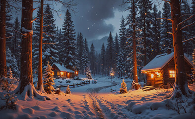 Poster - A snowy forest with a path leading to two cabins. The cabins are lit up with lights, creating a cozy and warm atmosphere. Concept of peace and tranquility