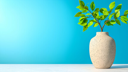 Sticker - A minimalist vase holds vibrant green leaves against a bright blue background, creating a fresh and modern aesthetic.