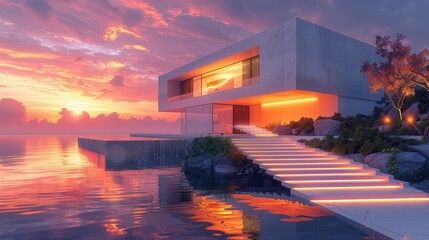 Wall Mural - Modern architectural marvel glowing at sunset by tranquil waters surrounded by nature's beauty. Generative AI