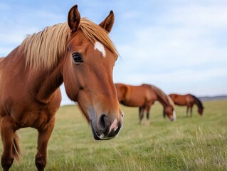  A close-up view of a beautiful brown horse grazing in a green field, capturing the essence of nature and serenity.