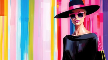 Wall Mural - Fashionable Woman with Hat and Sunglasses Against Colorful Stripes Background