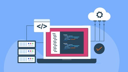 Cloud computing, server database management, code and programming language on screen, Software application and web development concept.