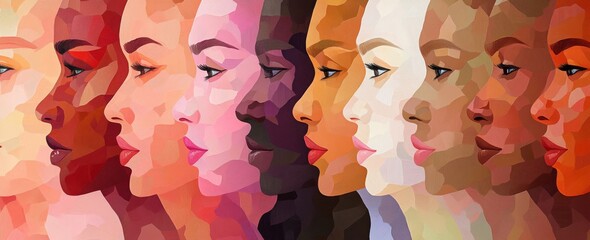 A vivid and colorful collection of various faces, highlighting the diversity in Women's History Month, constructed with geometric elements.