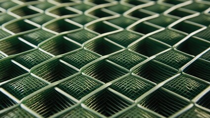 Close-up of green wire mesh, creating a repeating geometric pattern.