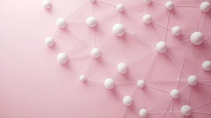 Abstract network structure concept with white nodes and connections on soft pink background for modern design themes