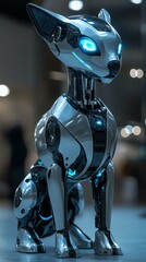 Aufkleber - A futuristic robotic cat with glowing blue eyes, showcasing advanced technology and design.
