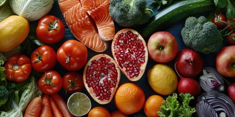 Wall Mural - A colorful arrangement of various fruits and vegetables on a table, ideal for still life photography or marketing purposes