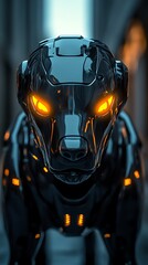 Poster - A futuristic robotic dog with glowing orange eyes, showcasing advanced technology design.