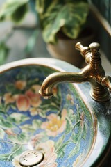 Poster - A bathroom sink with a faucet and a potted plant in the background, ideal for home decor or interior design projects