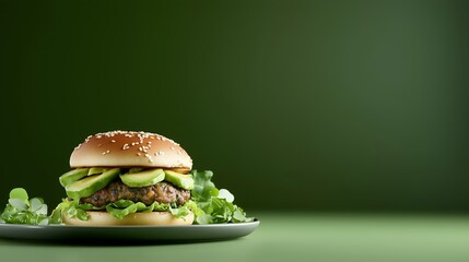 Wall Mural - Freshly prepared gourmet burger with lettuce and cucumber on a green background