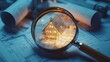 © Bambalino Studio - A magnifying glass is used to look at a house plan. The house plan is on top of some blue paper