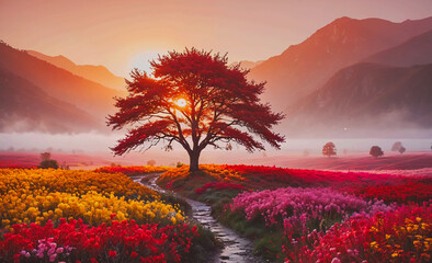 Poster - A tree is in the middle of a field of flowers. The sky is orange and the sun is setting