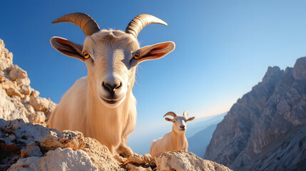 Poster - A curious goat with prominent horns and a playful gaze stands on a rocky mountain ledge, basking under the clear blue sky, exuding a lively energy through its stance.