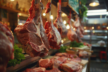 Sticker - Generative AI Image of Fresh Meat Cuts on Display in Butcher's Shop or Supermarket for Culinary and Retail Use