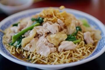 Poster - A dish of cooked noodles topped with sliced meat and mixed vegetables, great for mealtime or as a snack