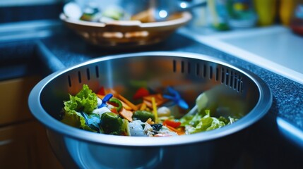 Poster - A metal bowl filled with various foods displayed on a kitchen counter