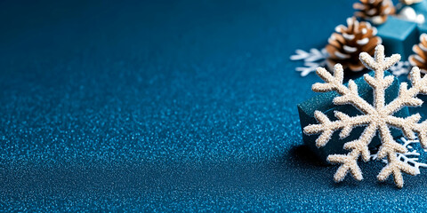 Poster - A festive arrangement featuring a white snowflake, pinecones, and blue ornaments on a shimmering teal background.