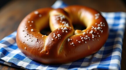 Wall Mural - Golden-brown pretzel sprinkled with coarse salt, resting on a blue gingham cloth for a classic, appetizing presentation