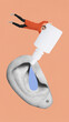 © Lustre Art Group  - Contemporary art collage. Man pours liquid into large ear using bottle, symbolizing ear treatments or solutions. Surreal medical-themed art with playful tone. Concept of sensual organs, health care.